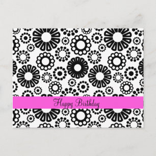 Postal Feliz Cumpleaños Negro Blanco Retro Flores Simples