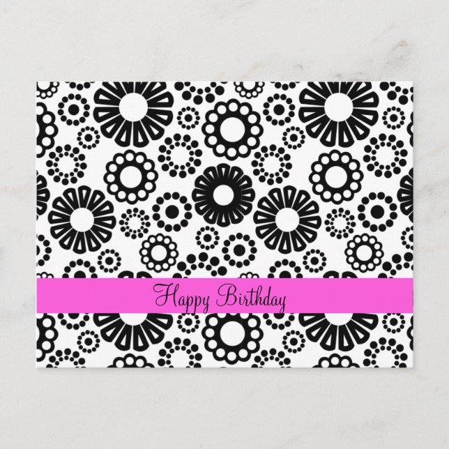 Postal Feliz Cumpleaños Negro Blanco Retro Flores Simples (Anverso)