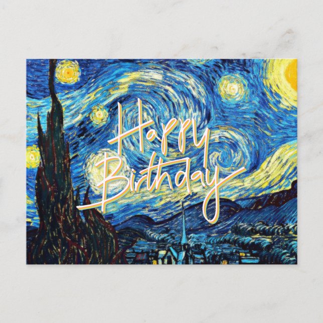 Postal Feliz Cumpleaños, Noche estrellada arte fino, (Anverso)