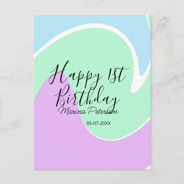 Postal Feliz cumpleaños número 1 rosa verde azul acrílico (Anverso)