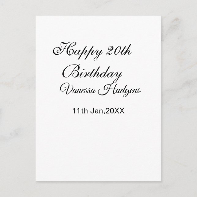 Postal Feliz cumpleaños número 20 nombre fecha simple min (Anverso)