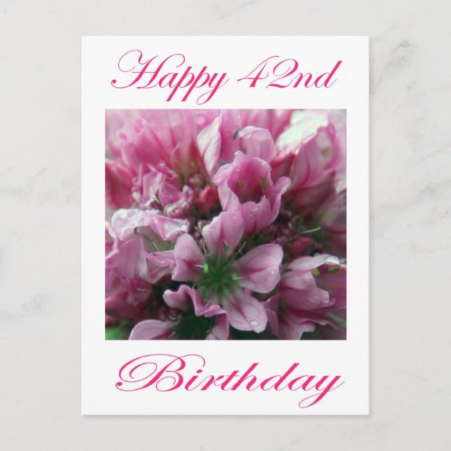 Postal Feliz cumpleaños número 42 Flor Rosa y Verde (Anverso)