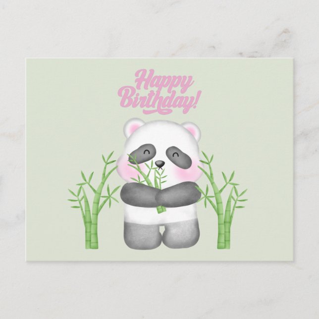 Postal Feliz Cumpleaños Oso Panda Lindo y Bambú (Anverso)