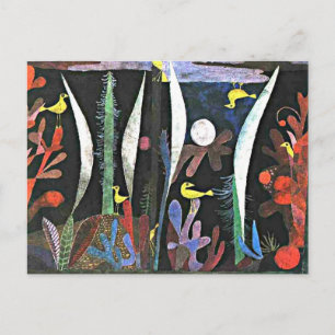 Postal ¡Feliz Cumpleaños! Paisaje con pájaros amarillos,