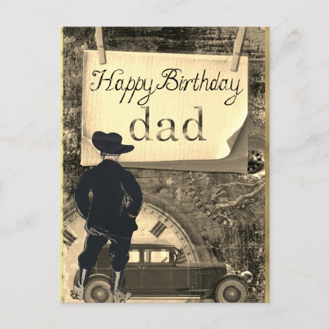 Postal Feliz cumpleaños papá Car Cowboy Clock (Anverso)