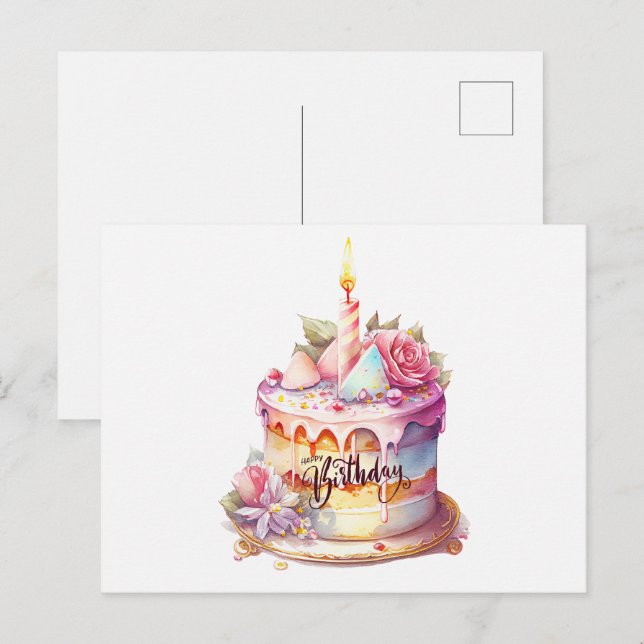 Postal Feliz cumpleaños, pastel de acuarela con flores (Anverso / Reverso)