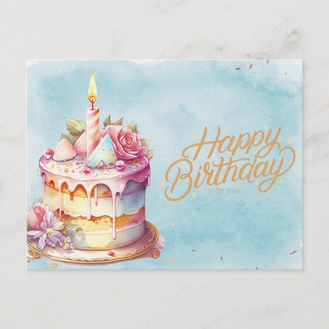 Postal Feliz cumpleaños, pastel de acuarela con flores (Anverso)