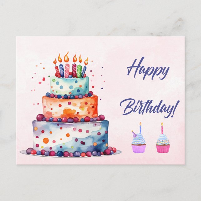 Postal Feliz cumpleaños, pastel de acuarela con velas (Anverso)