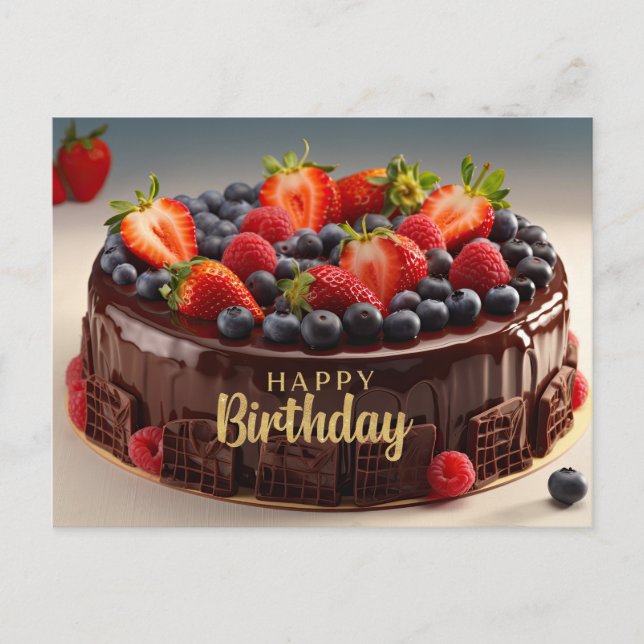 Postal Feliz cumpleaños pastel de fruta de chocolate (Anverso)