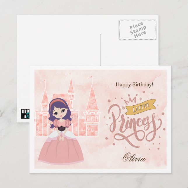 Postal Feliz cumpleaños, pequeña princesa. Nombre persona (Anverso / Reverso)