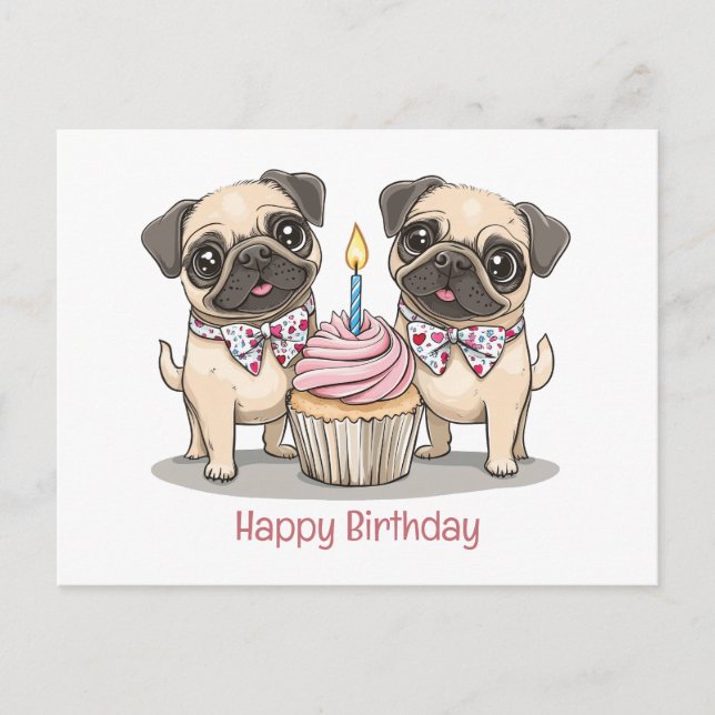 Postal Feliz Cumpleaños Perrito Pug Cupcake (Anverso)
