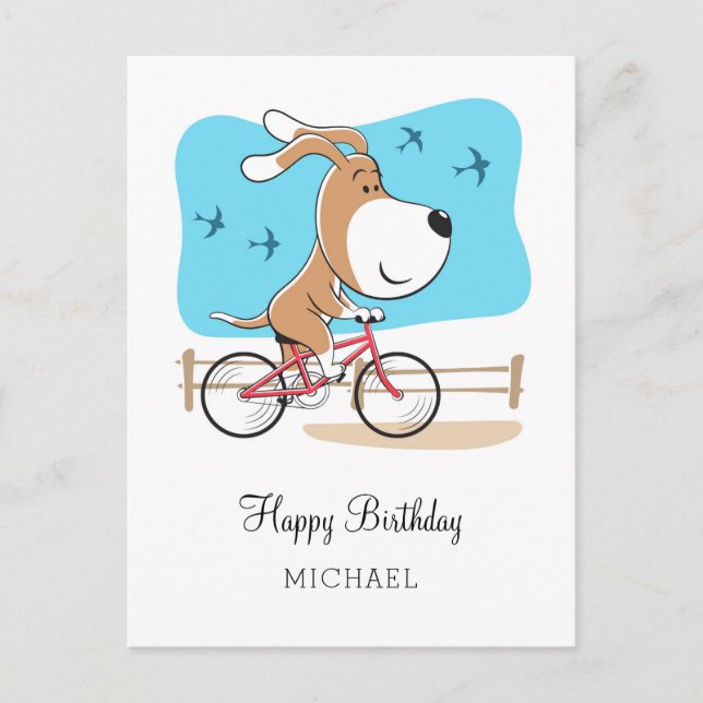 Postal Feliz cumpleaños perro cachorro ciclismo en bicicl (Anverso)