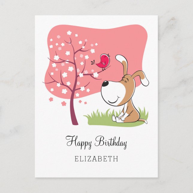 Postal Feliz cumpleaños Perro cachorro Flor de pájaro flo (Anverso)