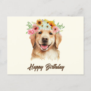 Postal Feliz cumpleaños, perro con flores.
