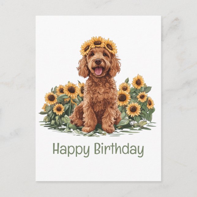 Postal Feliz Cumpleaños Perro Goldendoodle Corona de Gira (Anverso)