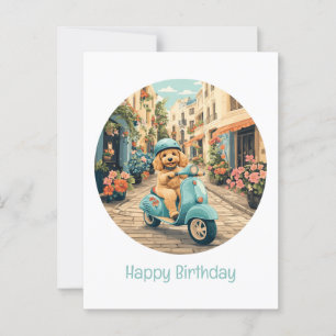 Postal Feliz Cumpleaños Perro Goldendoodle Montando Scoot