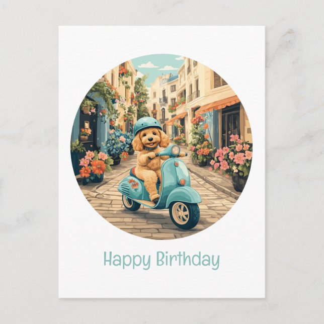 Postal Feliz Cumpleaños Perro Goldendoodle Montando Scoot (Anverso)