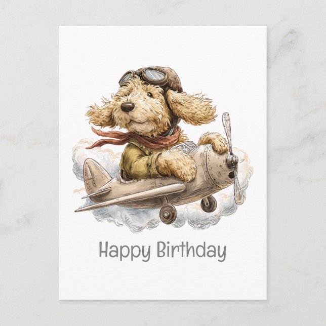 Postal Feliz Cumpleaños Perro Goldendoodle Piloto Avión (Anverso)