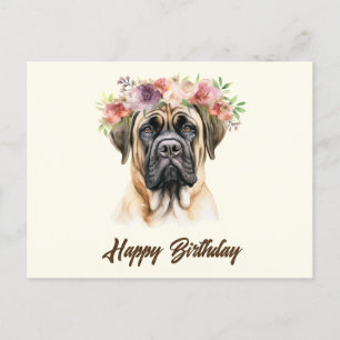Postal Feliz Cumpleaños Perro Mastín Inglés con Flores