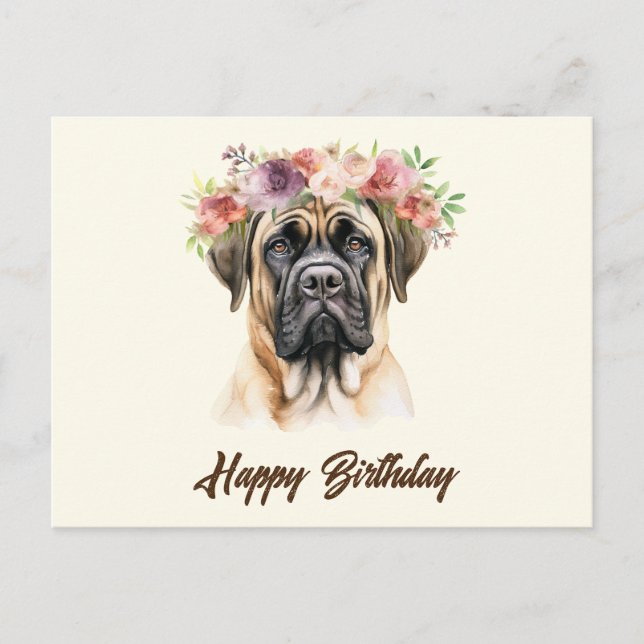 Postal Feliz Cumpleaños Perro Mastín Inglés con Flores  (Anverso)