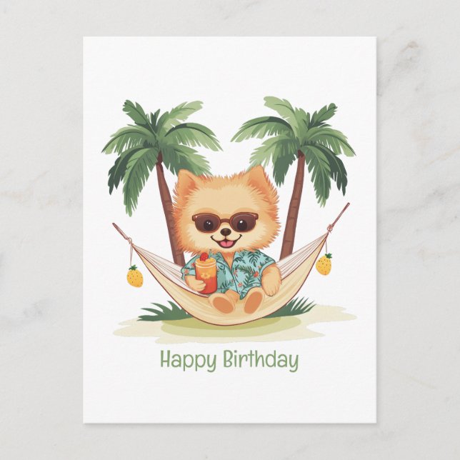 Postal Feliz Cumpleaños Perro Pomerania En Una Hamaca (Anverso)