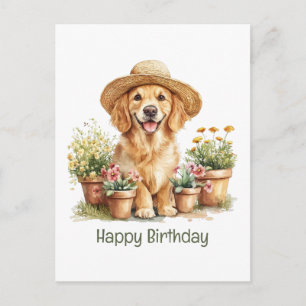 Postal Feliz Cumpleaños Perro Retriever Dorado Jardinería
