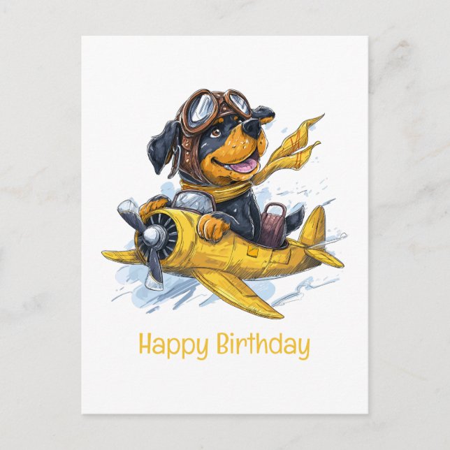 Postal Feliz Cumpleaños Perro Rottweiler Piloto Avión (Anverso)
