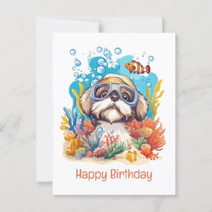 Postal Feliz Cumpleaños Perro Shih Tzu Buceando Arrecife 