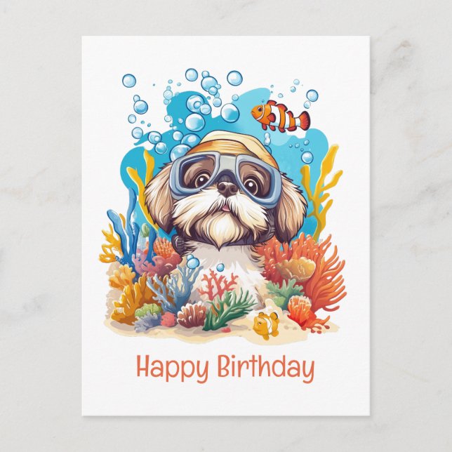 Postal Feliz Cumpleaños Perro Shih Tzu Buceando Arrecife  (Anverso)