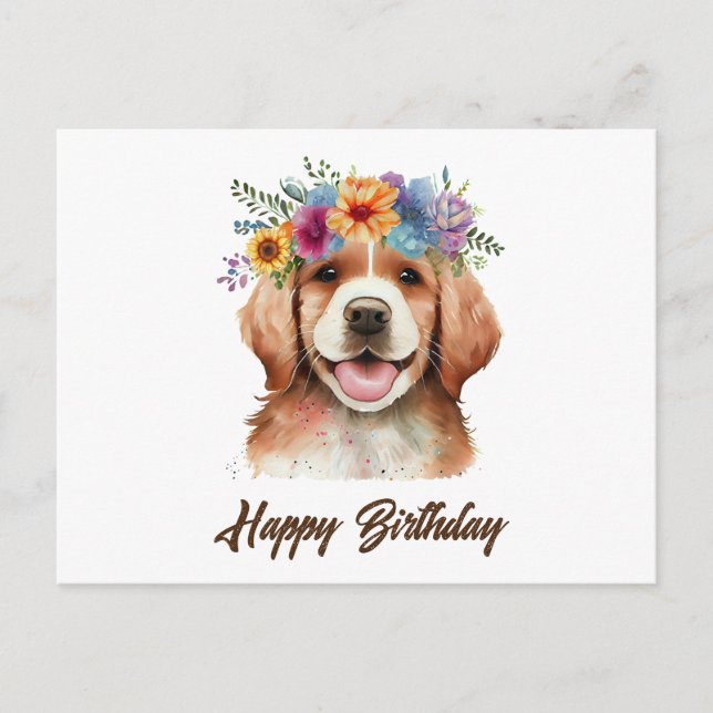 Postal Feliz cumpleaños, perro y flores recuperador de or (Anverso)