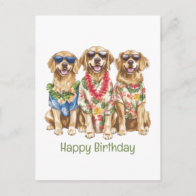 Postal Feliz Cumpleaños Perros Golden Retriever Hawaianos (Anverso)