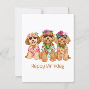 Postal Feliz Cumpleaños Perros Goldendoodle Hawaianos