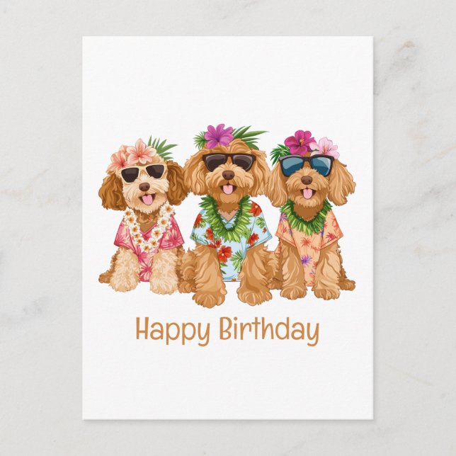 Postal Feliz cumpleaños perros hawaianos Goldendoodle (Anverso)