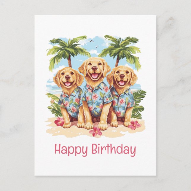 Postal Feliz Cumpleaños Perros Retriever Dorados Hawaiano (Anverso)