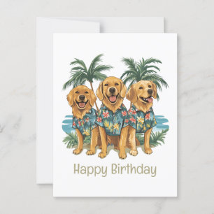 Postal Feliz Cumpleaños Perros Retriever Dorados Hawaiano