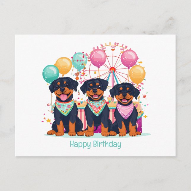 Postal Feliz Cumpleaños Perros Rottweiler en un Carnaval  (Anverso)