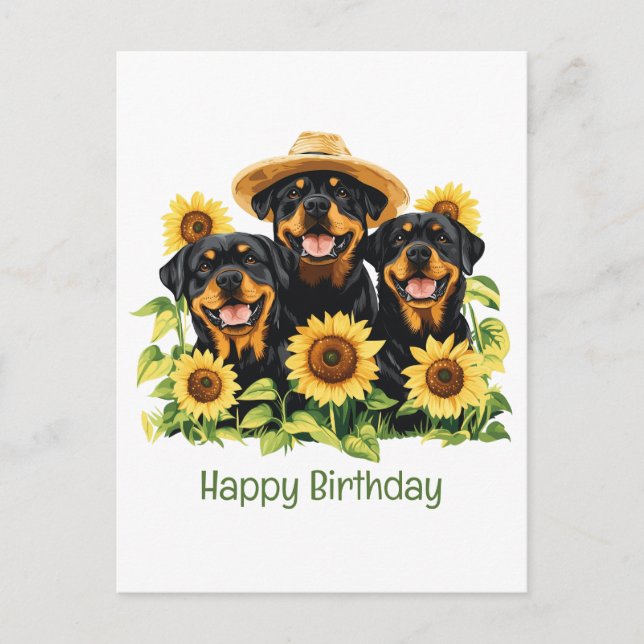 Postal Feliz Cumpleaños Perros Rottweiler Girasoles (Anverso)