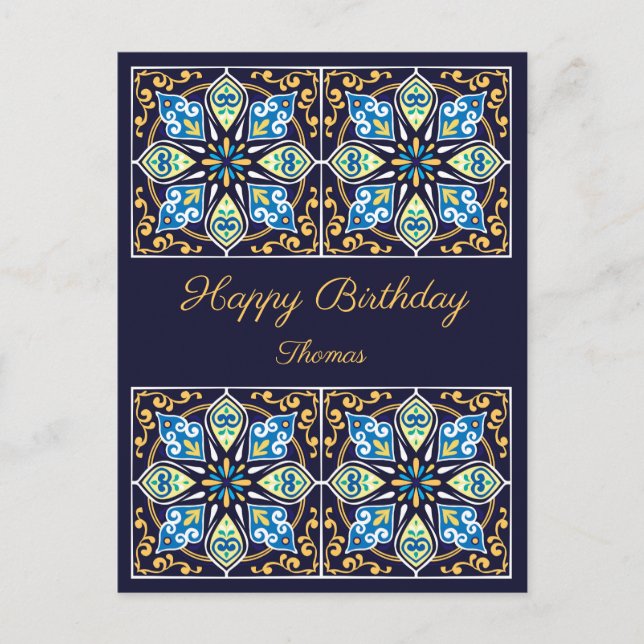 Postal Feliz cumpleaños personalizable azul Azulejos , Po (Anverso)