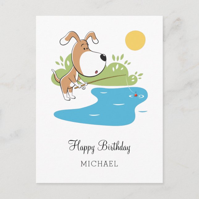 Postal Feliz cumpleaños Personalizado Cute Perro Pescador (Anverso)