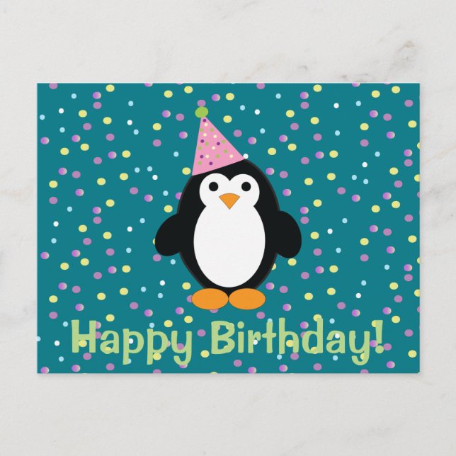 Postal Feliz cumpleaños, Personalizado  Fiesta Penguin (Anverso)