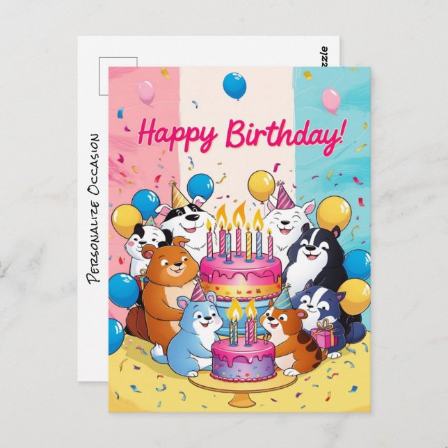Postal Feliz cumpleaños Personalizado lindo animales past (Anverso / Reverso)