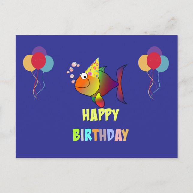 Postal Feliz cumpleaños, pez de dibujos animados lindo y  (Anverso)