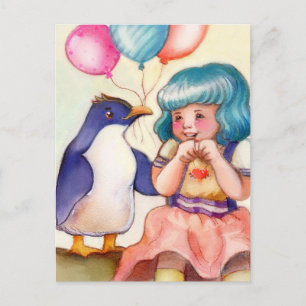 Postal Feliz cumpleaños, pingüino y Chica