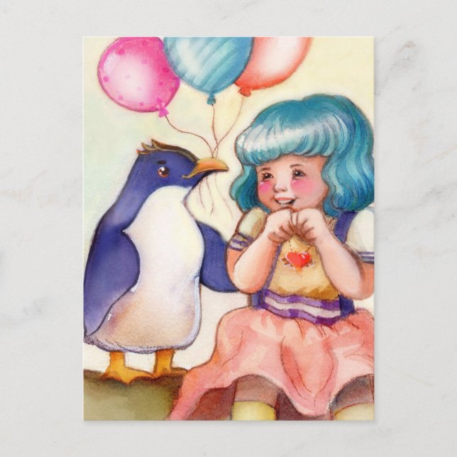 Postal Feliz cumpleaños, pingüino y Chica (Anverso)