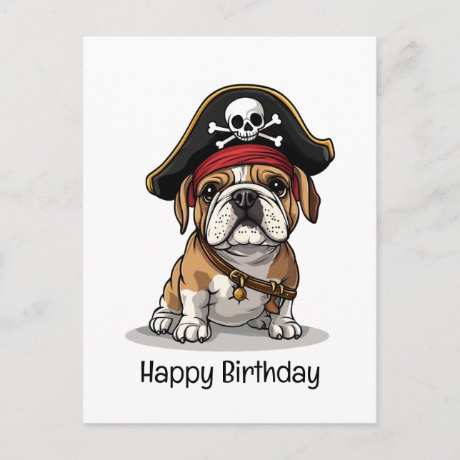Postal Feliz Cumpleaños Pirata Cráneo de Bulldog Inglés (Anverso)