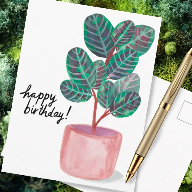 Postal Feliz Cumpleaños Planta Calathea de la Oración Acu (Watercolor plant with message of happy birthday, customize this postcard)