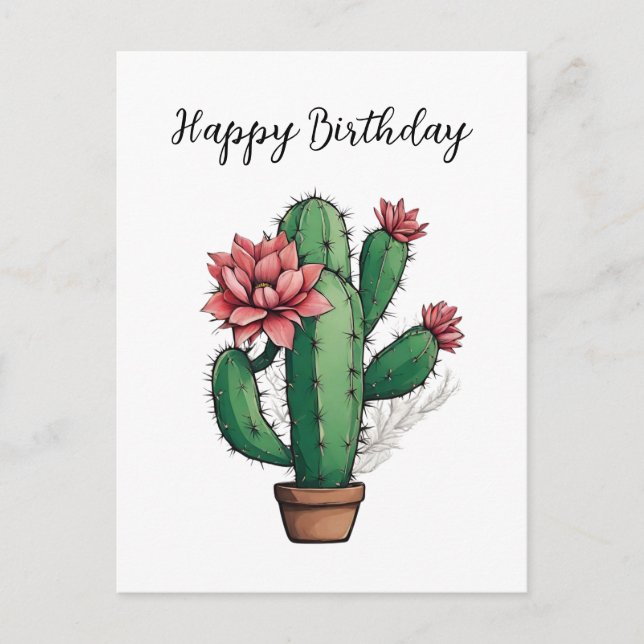 Postal Feliz Cumpleaños Planta de Cactus Florecido  (Anverso)