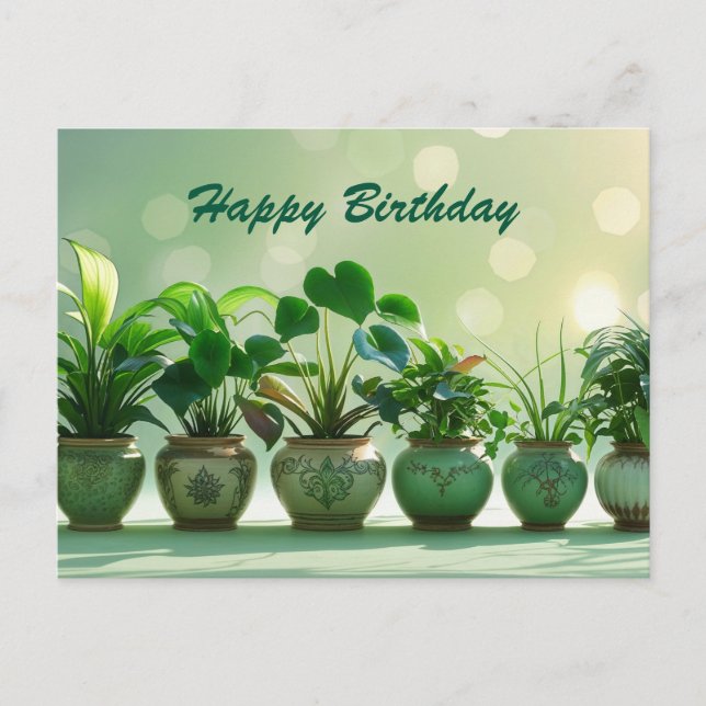 Postal Feliz Cumpleaños Plantas de Interior en Macetas (Anverso)