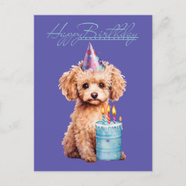 Postal Feliz Cumpleaños Poodle con Sombrero de Fiesta y P