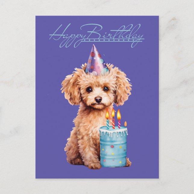 Postal Feliz Cumpleaños Poodle con Sombrero de Fiesta y P (Anverso)